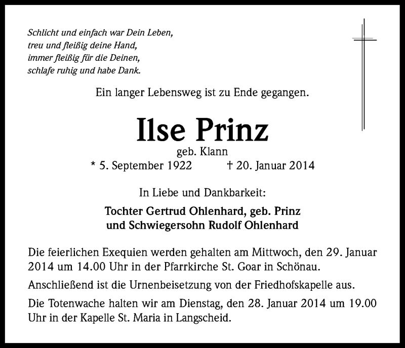  Traueranzeige für Ilse Prinz vom 24.01.2014 aus Kölner Stadt-Anzeiger / Kölnische Rundschau / Express