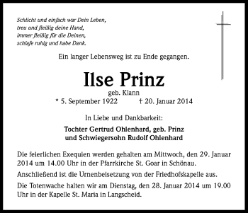Anzeige von Ilse Prinz von Kölner Stadt-Anzeiger / Kölnische Rundschau / Express