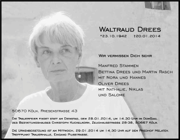 Anzeige von Waltraud Drees von Kölner Stadt-Anzeiger / Kölnische Rundschau / Express