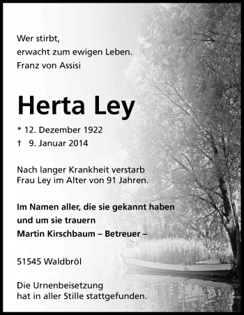 Anzeige von Herta Ley von Kölner Stadt-Anzeiger / Kölnische Rundschau / Express