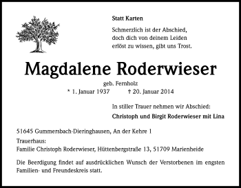 Anzeige von Magdalene Roderwieser von Kölner Stadt-Anzeiger / Kölnische Rundschau / Express