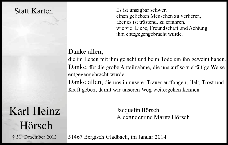  Traueranzeige für Karl Heinz Hörsch vom 25.01.2014 aus Kölner Stadt-Anzeiger / Kölnische Rundschau / Express