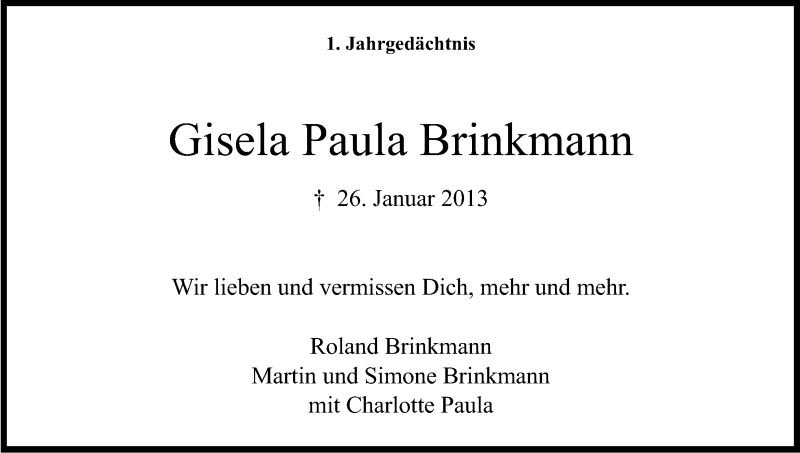  Traueranzeige für Gisela Paula Brinkmann vom 25.01.2014 aus Kölner Stadt-Anzeiger / Kölnische Rundschau / Express
