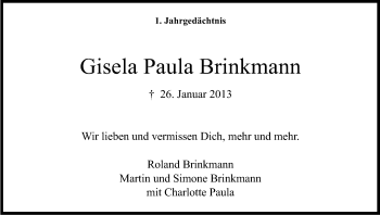 Anzeige von Gisela Paula Brinkmann von Kölner Stadt-Anzeiger / Kölnische Rundschau / Express