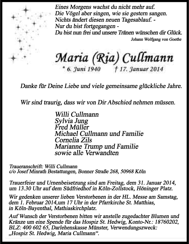  Traueranzeige für Maria Cullmann vom 24.01.2014 aus Kölner Stadt-Anzeiger / Kölnische Rundschau / Express