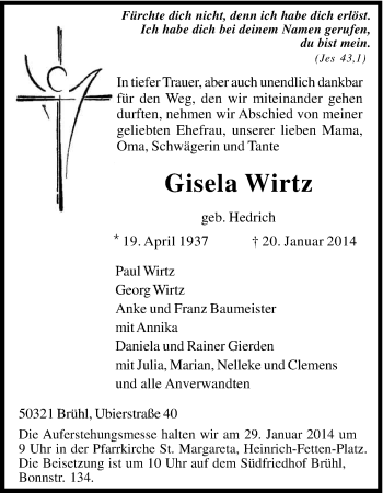 Anzeige von Gisela Wirtz von Kölner Stadt-Anzeiger / Kölnische Rundschau / Express