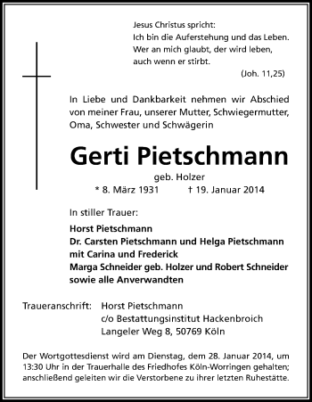 Anzeige von Gerti Pietschmann von Kölner Stadt-Anzeiger / Kölnische Rundschau / Express