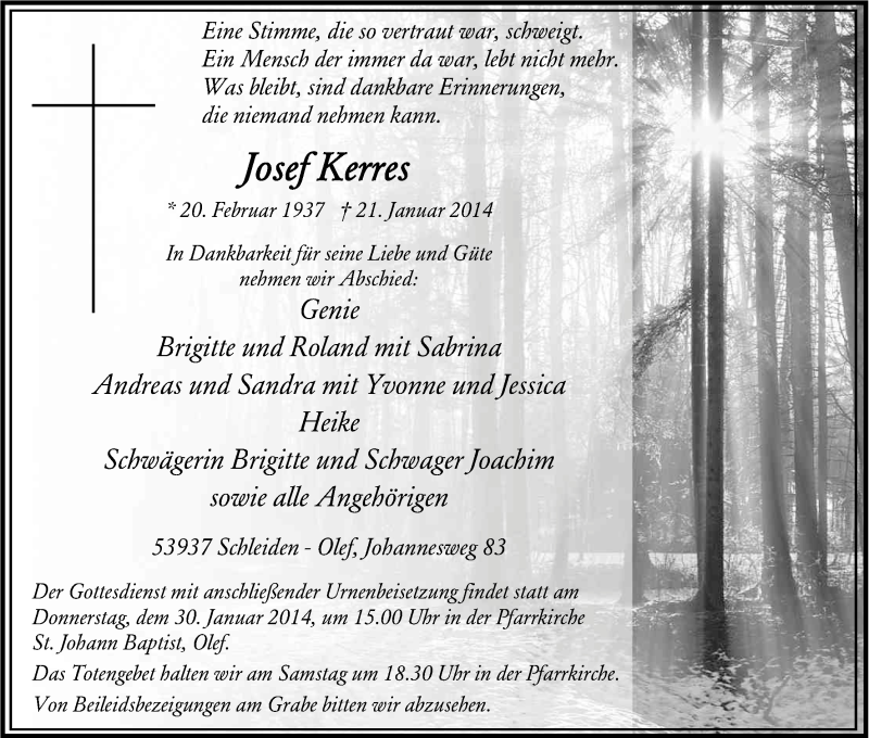  Traueranzeige für Josef Kerres vom 25.01.2014 aus Kölner Stadt-Anzeiger / Kölnische Rundschau / Express