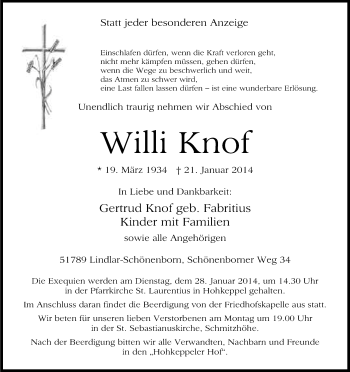 Anzeige von Willi Knof von Kölner Stadt-Anzeiger / Kölnische Rundschau / Express