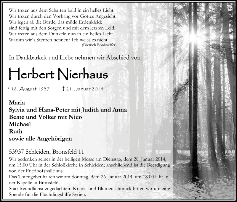  Traueranzeige für Herbert Nierhaus vom 24.01.2014 aus Kölner Stadt-Anzeiger / Kölnische Rundschau / Express