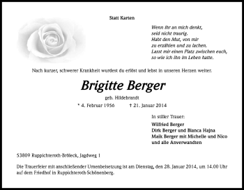Anzeige von Brigitte Berger von Kölner Stadt-Anzeiger / Kölnische Rundschau / Express