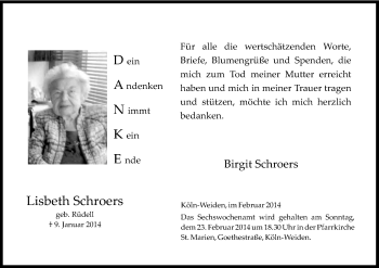 Anzeige von Lisbeth Schroers von Kölner Stadt-Anzeiger / Kölnische Rundschau / Express