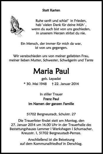 Anzeige von Maria Paul von Kölner Stadt-Anzeiger / Kölnische Rundschau / Express