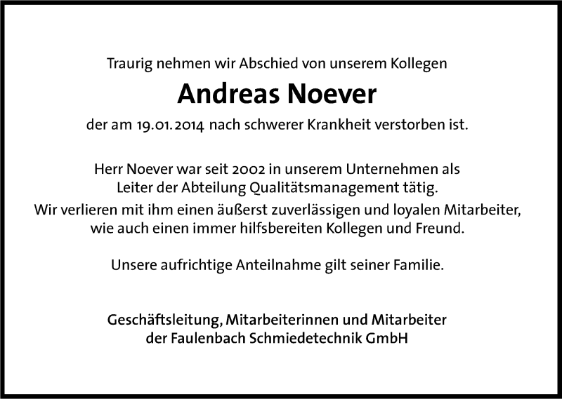  Traueranzeige für Andreas Noever vom 24.01.2014 aus Kölner Stadt-Anzeiger / Kölnische Rundschau / Express