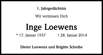Anzeige von Inge Loewens von Kölner Stadt-Anzeiger / Kölnische Rundschau / Express