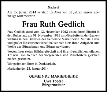 Anzeige von Ruth Gedlich von Kölner Stadt-Anzeiger / Kölnische Rundschau / Express