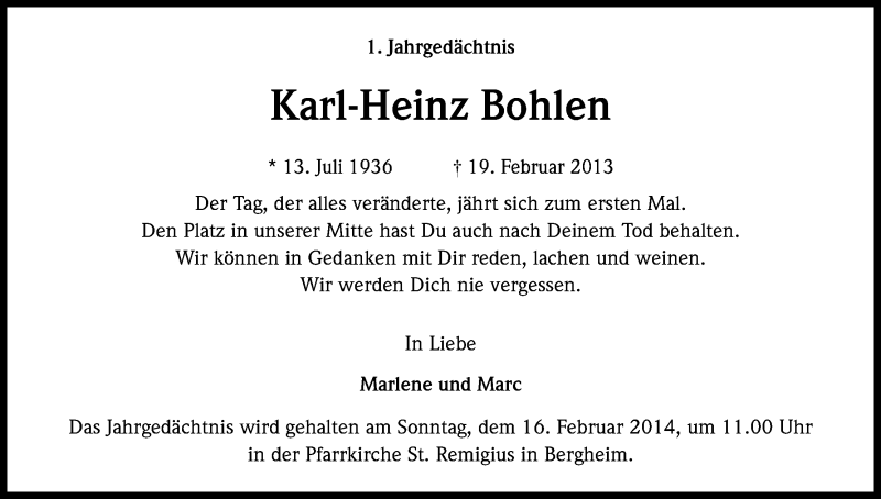  Traueranzeige für Karl-Heinz Bohlen vom 08.02.2014 aus Kölner Stadt-Anzeiger / Kölnische Rundschau / Express