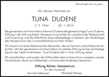 Anzeige von Dudene Tuna von Kölner Stadt-Anzeiger / Kölnische Rundschau / Express