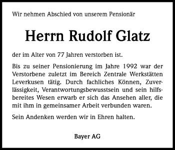 Anzeige von 2014.246034.0 Rudolf Glatz von Kölner Stadt-Anzeiger / Kölnische Rundschau / Express