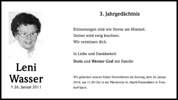 Anzeige von Leni Wasser von Kölner Stadt-Anzeiger / Kölnische Rundschau / Express