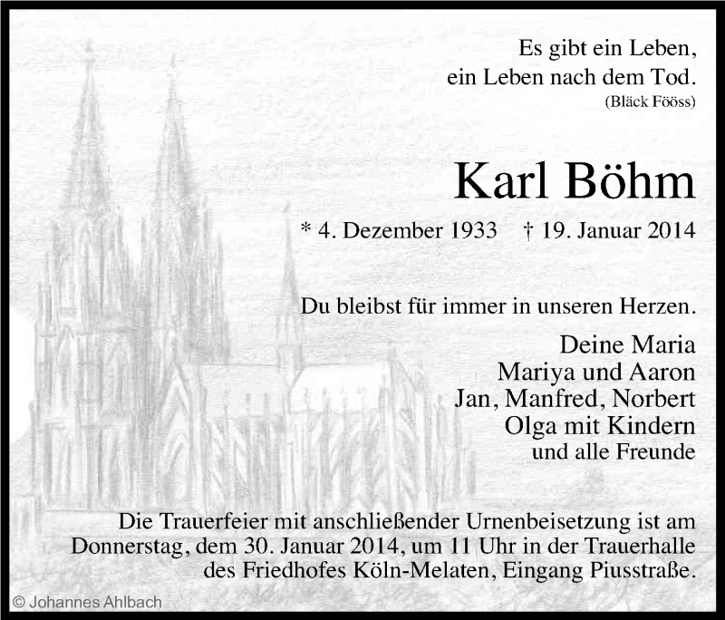 Traueranzeige für Karl Böhm vom 25.01.2014 aus Kölner Stadt-Anzeiger / Kölnische Rundschau / Express
