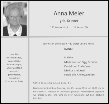 Anzeige von Anna Meier von Kölner Stadt-Anzeiger / Kölnische Rundschau / Express