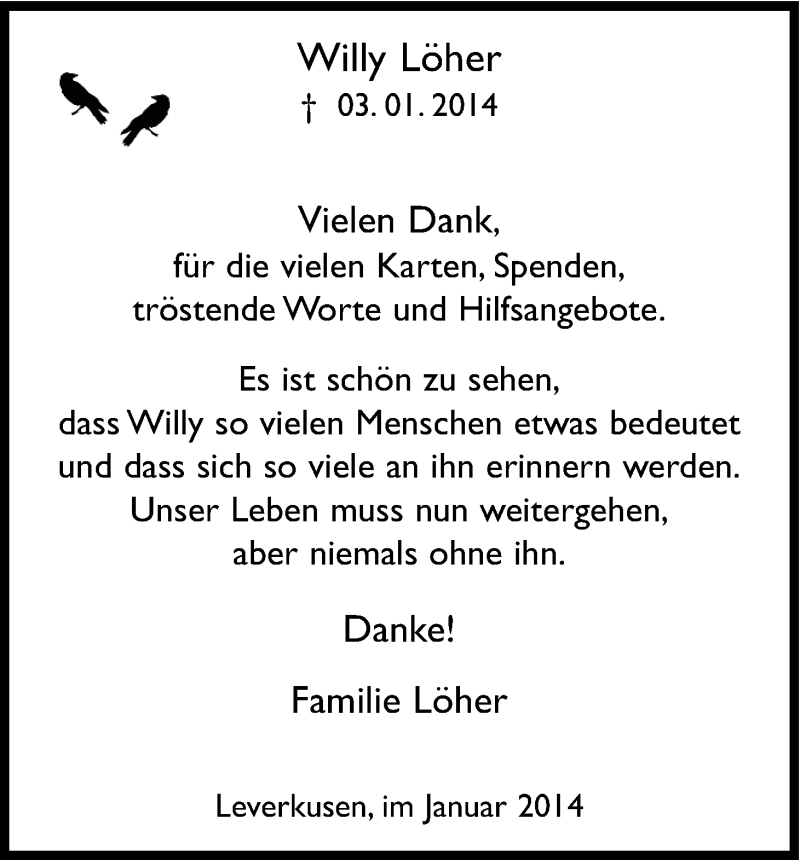  Traueranzeige für Willy Löher vom 25.01.2014 aus Kölner Stadt-Anzeiger / Kölnische Rundschau / Express