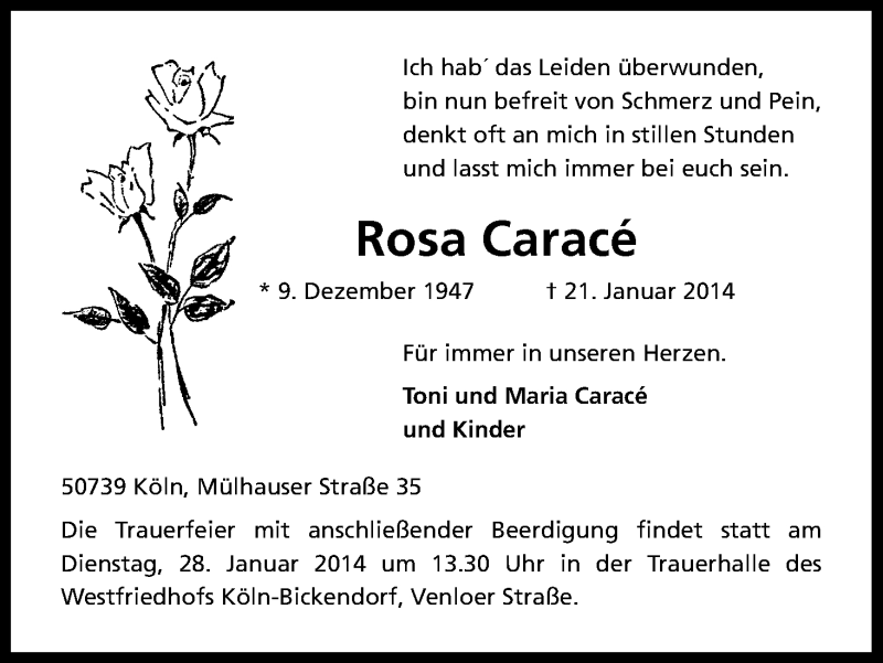  Traueranzeige für Rosa Caracé vom 25.01.2014 aus Kölner Stadt-Anzeiger / Kölnische Rundschau / Express