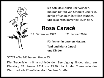 Anzeige von Rosa Caracé von Kölner Stadt-Anzeiger / Kölnische Rundschau / Express