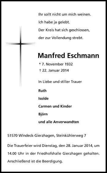 Anzeige von Manfred Eschmann von Kölner Stadt-Anzeiger / Kölnische Rundschau / Express