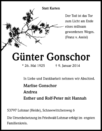 Anzeige von Günter Gonschor von Kölner Stadt-Anzeiger / Kölnische Rundschau / Express