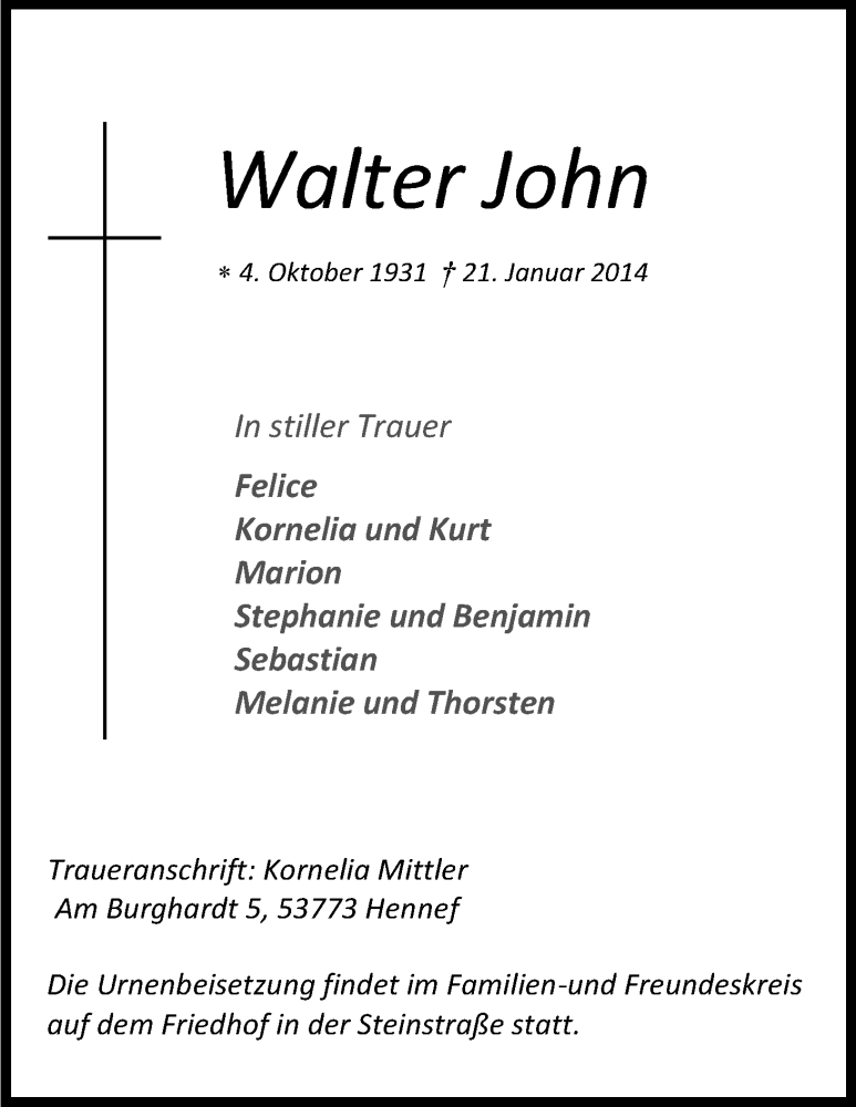  Traueranzeige für Walter John vom 25.01.2014 aus Kölner Stadt-Anzeiger / Kölnische Rundschau / Express