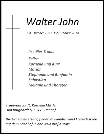 Anzeige von Walter John von Kölner Stadt-Anzeiger / Kölnische Rundschau / Express