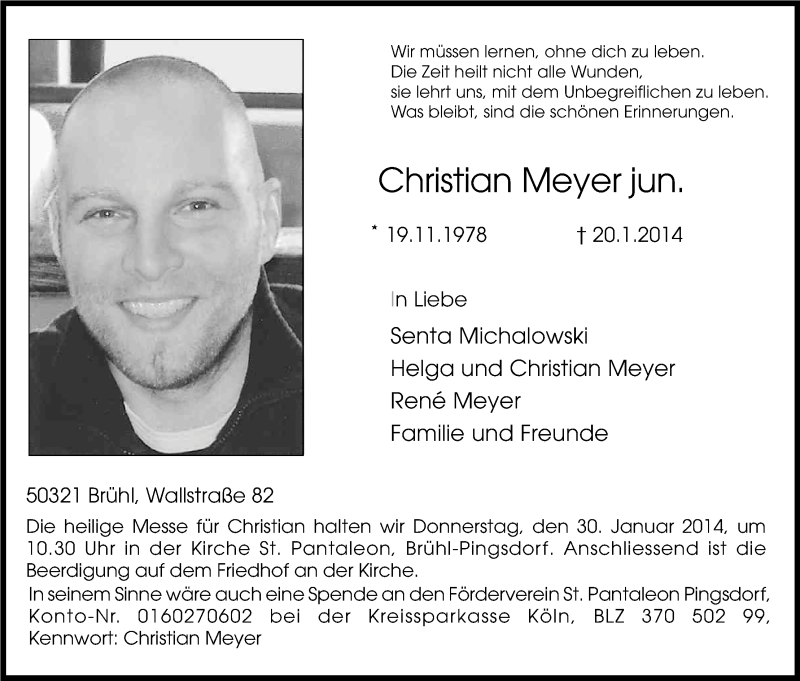 Traueranzeige für Christian Meyer vom 25.01.2014 aus Kölner Stadt-Anzeiger / Kölnische Rundschau / Express