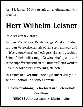 Anzeige von Wilhelm Leisner von Kölner Stadt-Anzeiger / Kölnische Rundschau / Express