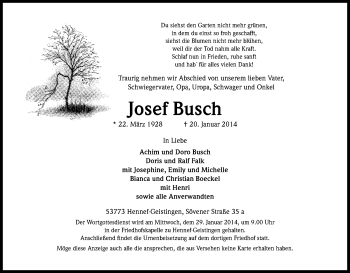 Anzeige von Josef Busch von Kölner Stadt-Anzeiger / Kölnische Rundschau / Express