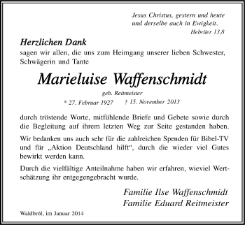 Anzeige von Marieluise Waffenschmidt von Kölner Stadt-Anzeiger / Kölnische Rundschau / Express