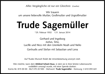 Anzeige von Trude Sagemüller von Kölner Stadt-Anzeiger / Kölnische Rundschau / Express