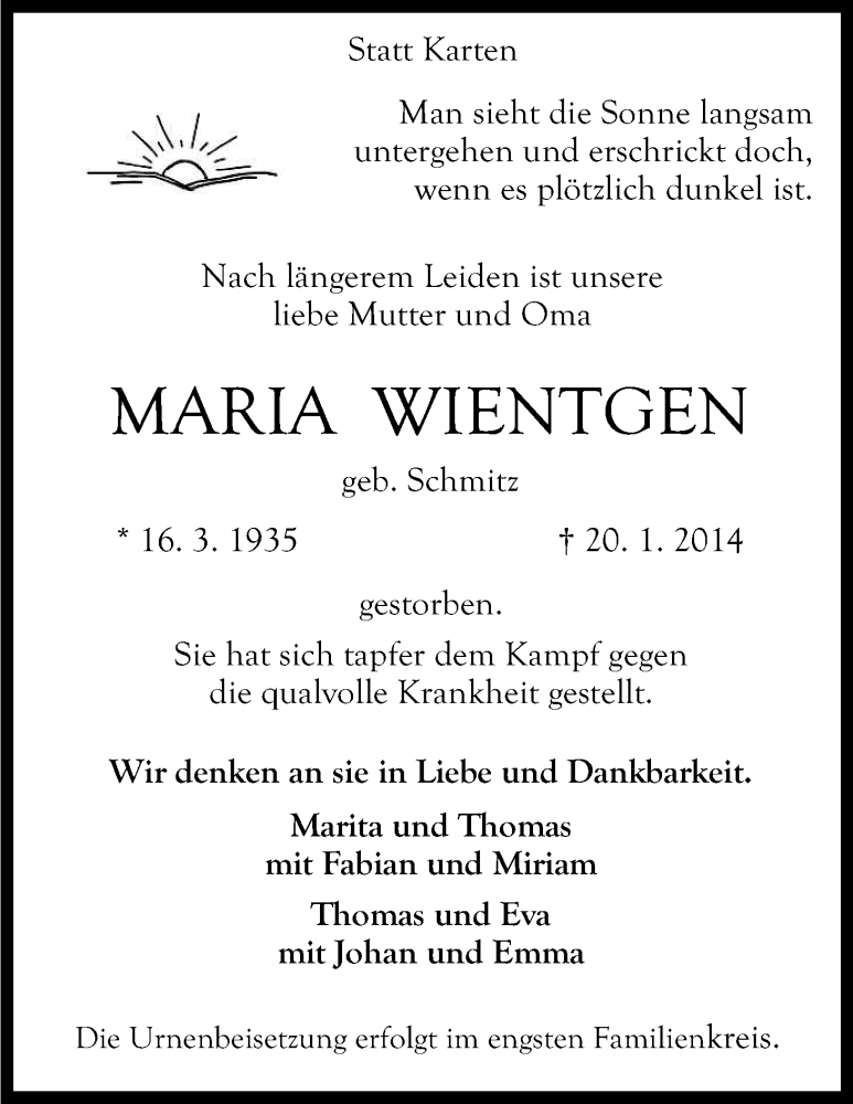  Traueranzeige für Maria Wientgen vom 25.01.2014 aus Kölner Stadt-Anzeiger / Kölnische Rundschau / Express