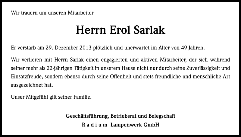  Traueranzeige für Erol Sarlak vom 25.01.2014 aus Kölner Stadt-Anzeiger / Kölnische Rundschau / Express