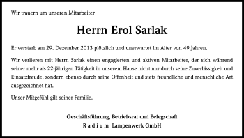 Anzeige von Erol Sarlak von Kölner Stadt-Anzeiger / Kölnische Rundschau / Express