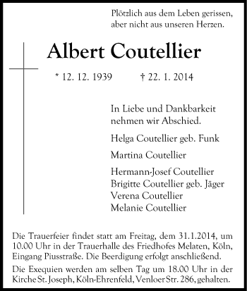 Anzeige von Albert Coutellier von Kölner Stadt-Anzeiger / Kölnische Rundschau / Express