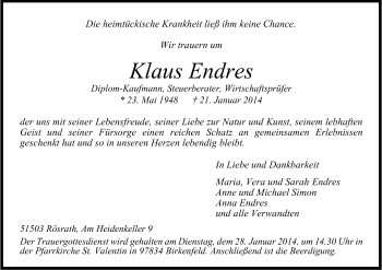 Anzeige von Klaus Endres von Kölner Stadt-Anzeiger / Kölnische Rundschau / Express