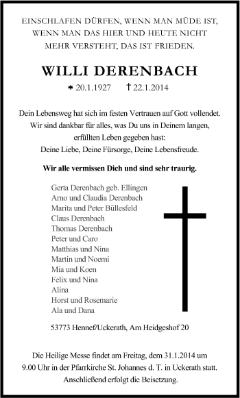 Anzeige von Willi Derenbach von Kölner Stadt-Anzeiger / Kölnische Rundschau / Express