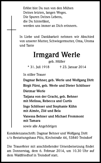 Anzeige von Irmgard Werle von Kölner Stadt-Anzeiger / Kölnische Rundschau / Express