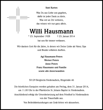 Anzeige von Willi Hausmann von Kölner Stadt-Anzeiger / Kölnische Rundschau / Express