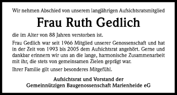 Anzeige von Ruth Gedlich von Kölner Stadt-Anzeiger / Kölnische Rundschau / Express