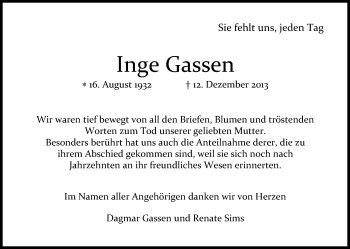 Anzeige von Inge Gassen von Kölner Stadt-Anzeiger / Kölnische Rundschau / Express