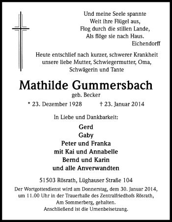 Anzeige von Mathilde Gummersbach von Kölner Stadt-Anzeiger / Kölnische Rundschau / Express