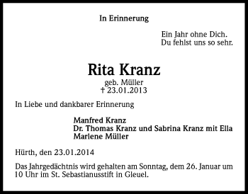 Anzeige von Rita Kranz von Kölner Stadt-Anzeiger / Kölnische Rundschau / Express